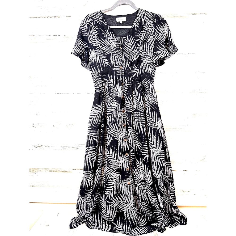Bohme womens XS Black white Tropical Button Front casual summer Midi Dress NEW